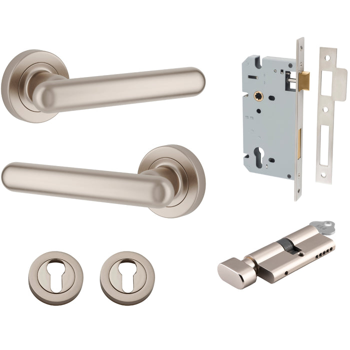 Iver Puerto Lever Round Rose Entrance Kit with Separate High Security Lock Key/Thumb Satin Nickel 24005KENTR60KT - The Blue Space