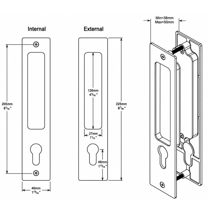 Line Drawing Iver Rectangular Sliding Door Pull Entrance Kit with High Security Lock Brushed Brass 21416E - The Blue Space