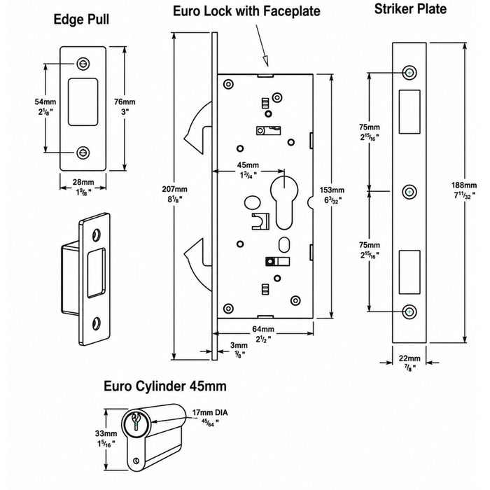 Line Drawing Iver Rectangular Sliding Door Pull Entrance Kit with High Security Lock Matte Black 21413E - The Blue Space