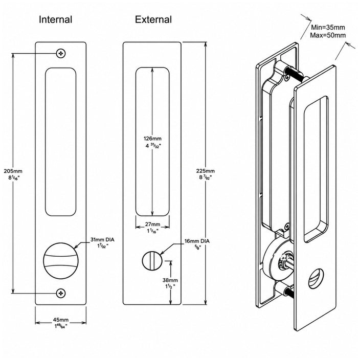 Line Drawing Iver Rectangular Sliding Door Pull Privacy Kit with Privacy Turn Brushed Brass 21416P - The Blue Space