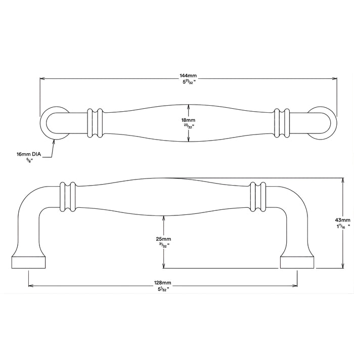 Line Drawing Iver Sarlat 128mm Cabinet Pull Handle Brushed Brass 21066 - The Blue Space