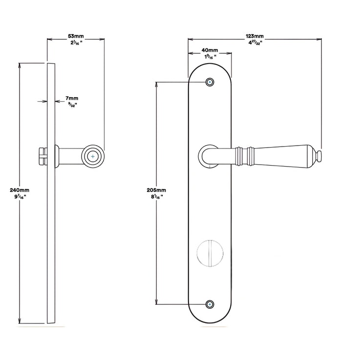 Line Drawing Iver Sarlat Lever Oval Backplate Privacy Kit with Privacy Turn Satin Nickel 14724KPRIV60 - The Blue Space