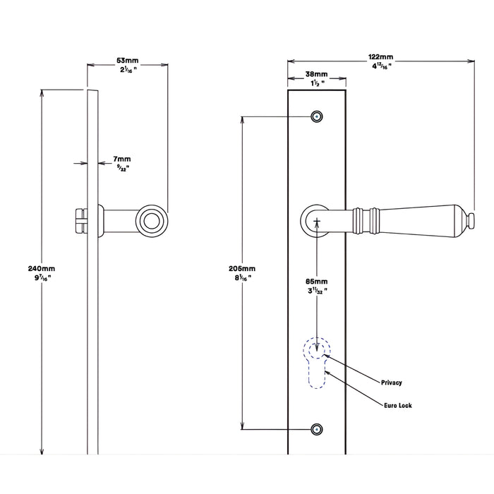 Line Drawing Iver Sarlat Lever Rectangular Backplate Entrance Kit with High Security Lock Matte Black 12700KENTR60KT - The Blue Space