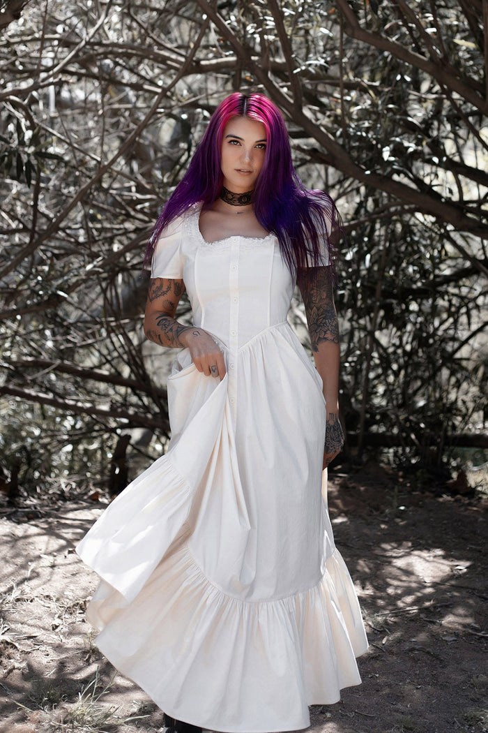 womens white puff sleeve cottagecore dress