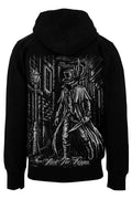 Black hoodie with a detailed graphic of a person in a top hat and coat on the back, set against a white background.