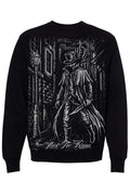 Black sweatshirt with a graphic of Jack the Ripper and gothic architecture on a white background