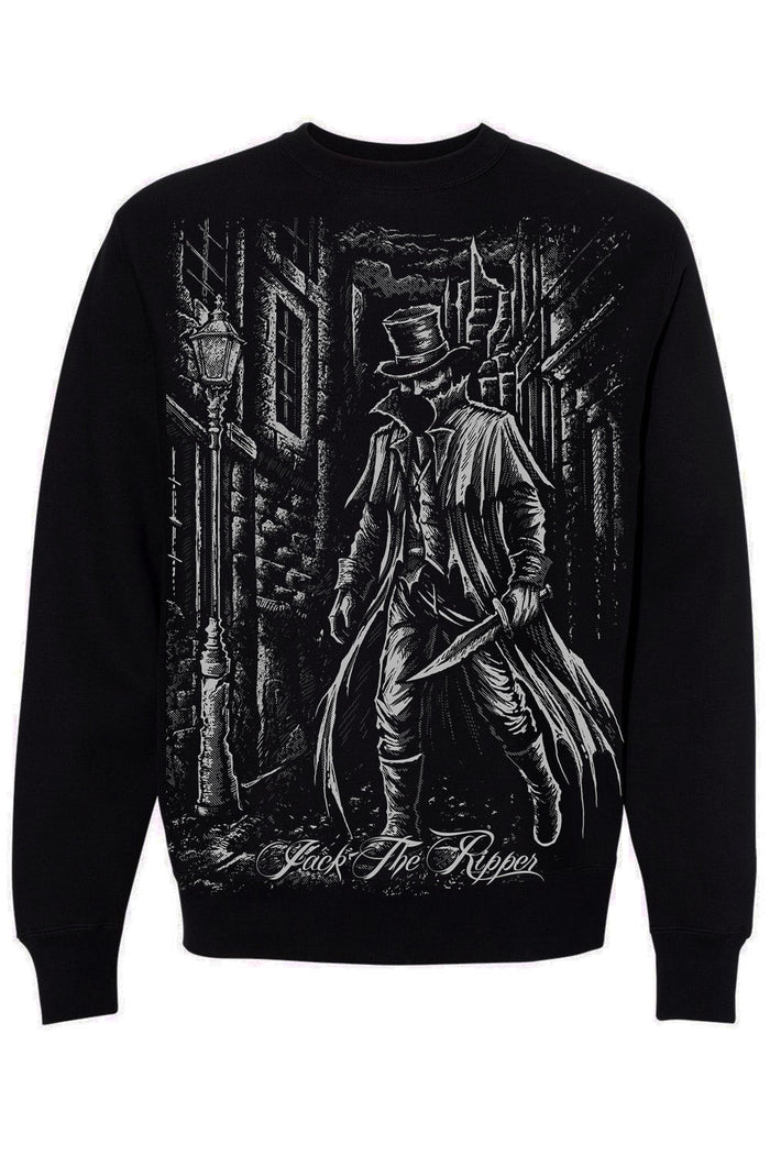 Black sweatshirt with a graphic of Jack the Ripper and gothic architecture on a white background