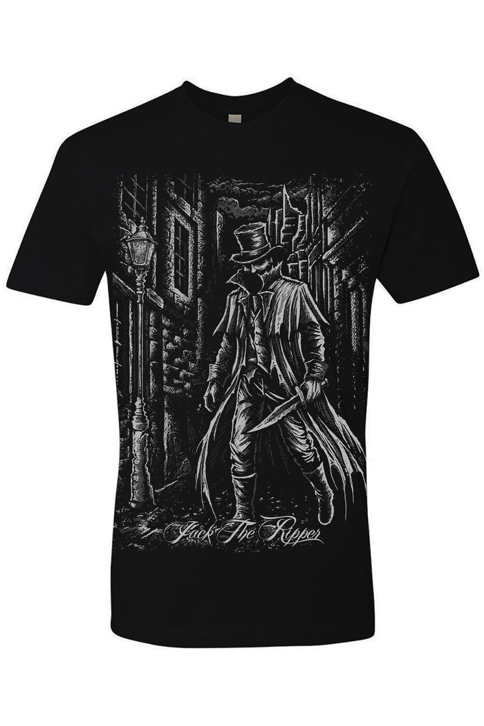 Black t-shirt with a graphic design of a man in a top hat and coat, standing in a dark alleyway.