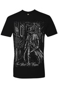Black t-shirt with a graphic design of a man in a top hat and coat, standing in a dark alleyway.