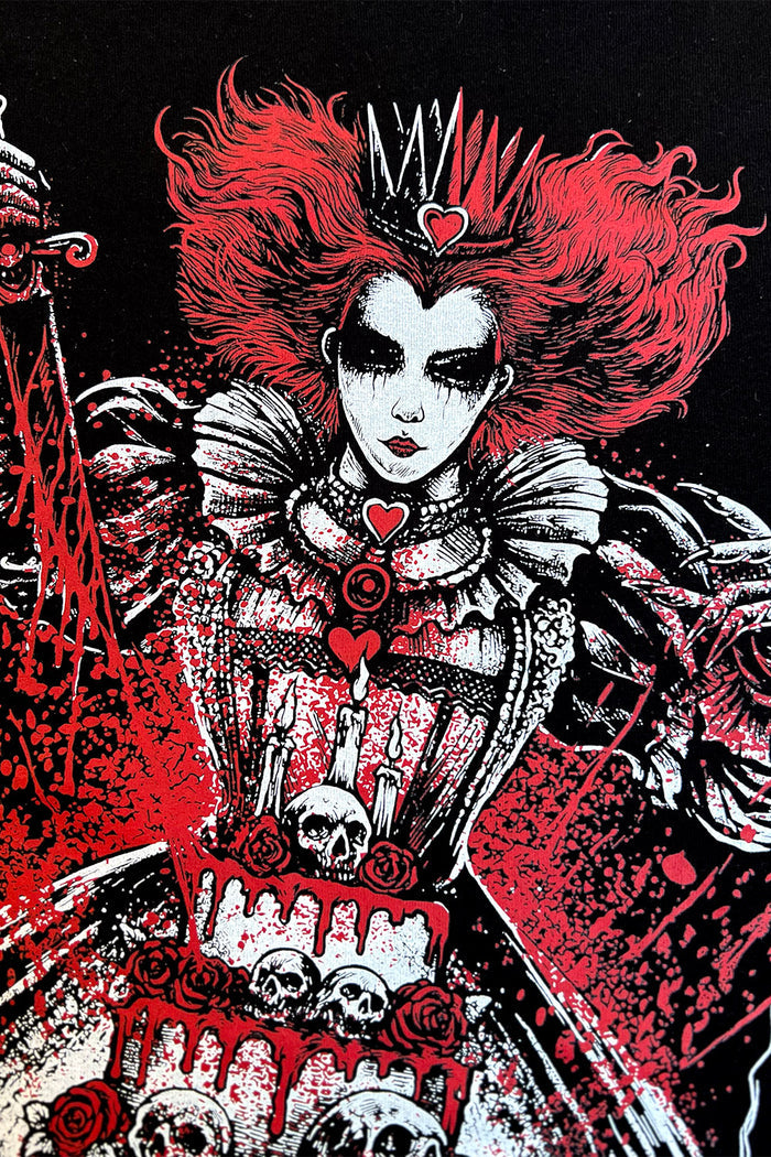 emo dark evil queen of hearts alice in wonderland holding knife and cake graphic hoodie