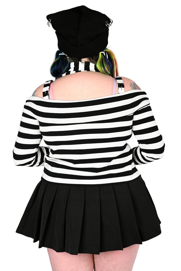 womens black and white striped asymmetric top with scarf and thumbholes