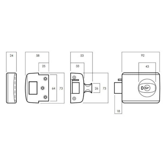 Line Drawing Lockwood 001 Double Cylinder Deadlatch Knob with Open In Strike Everbrass 001-1K1EVB - The Blue Space