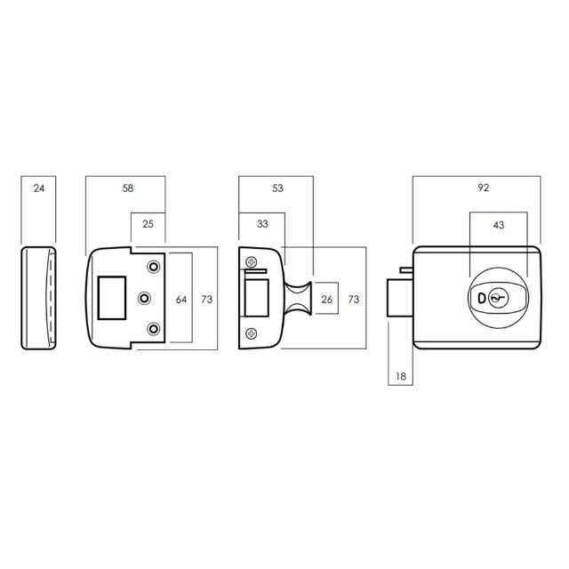 Line Drawing Lockwood 001 Double Cylinder Deadlatch Knob with Open In Strike Matte Black 001-1K1MBKDP - The Blue Space
