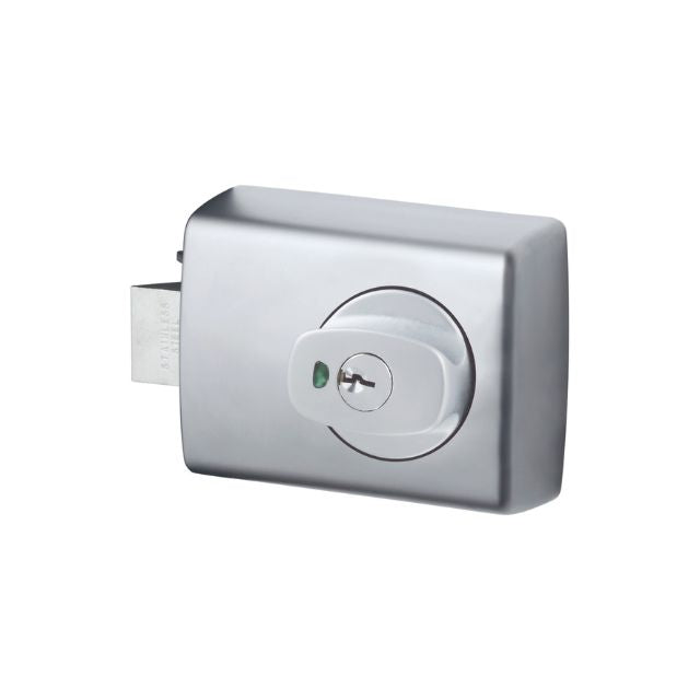 Front Side Lockwood 001 Double Cylinder Deadlatch Knob with Open In Strike Satin Chrome Pearl 001-1K1SPDP - The Blue Space
