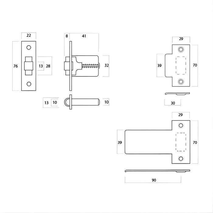 Line Drawing Lockwood 7580 Roller Bolt Matte Black 7580MBK - The Blue Space