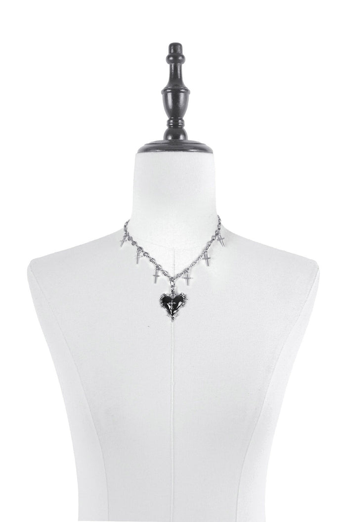 spiked black heart punk necklace on a cross chain