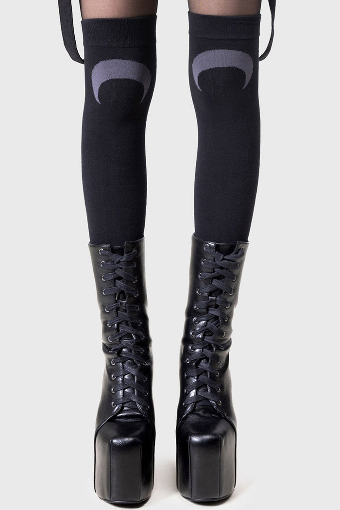 black over the knee crescent moon socks by killstar