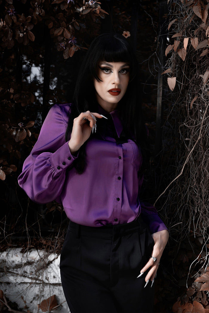 purple satin button down top