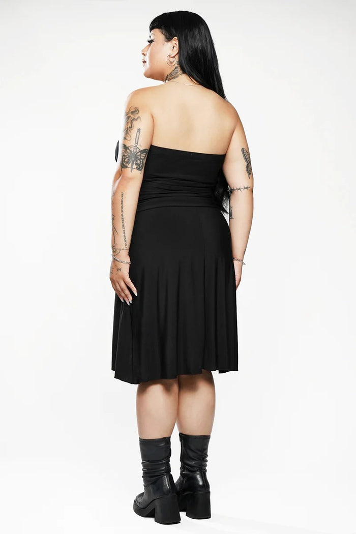 black strapless midi dress