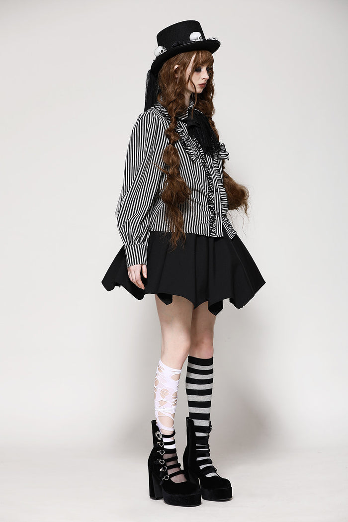 womens ruffled dark striped grey and black long sleeve top
