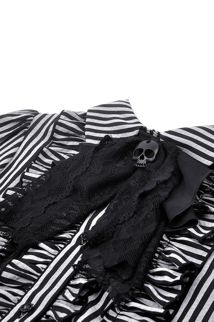 quirky goth striped grey and black long sleeve top  with lace collar