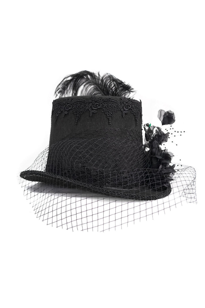 black gothic feathered top hat with attached veil