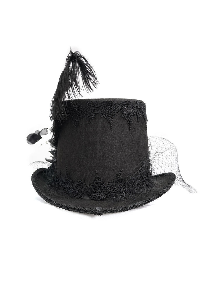 Black top hat with decorative feathers and netting on a white background