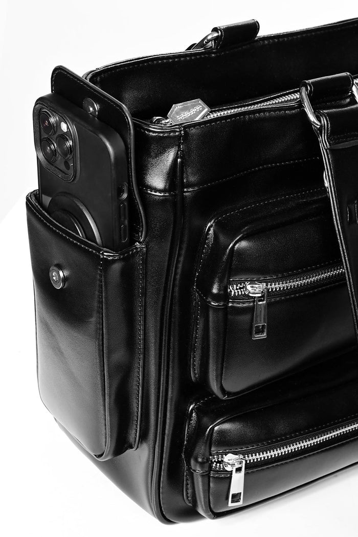 black vegan leather bag with tons of pockets
