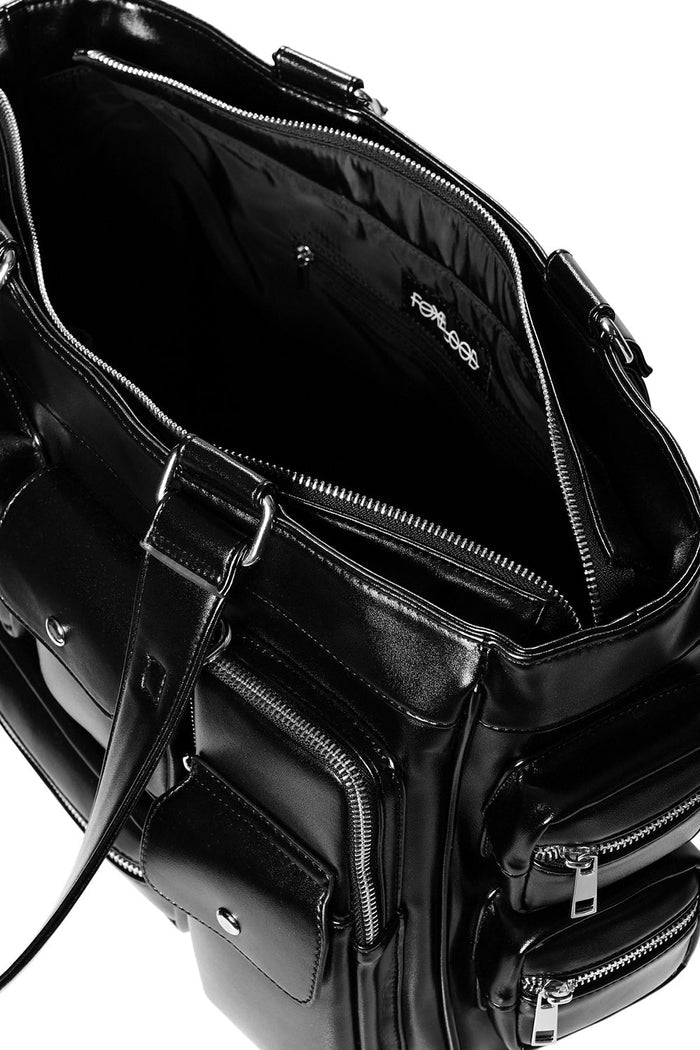 street style luxury looking black vegan leather bag with tons of pockets