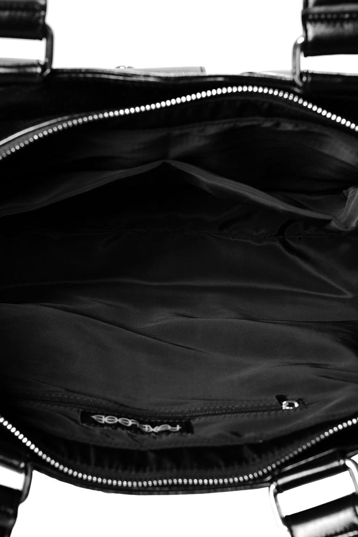 zippered black vegan leather bag with tons of pockets