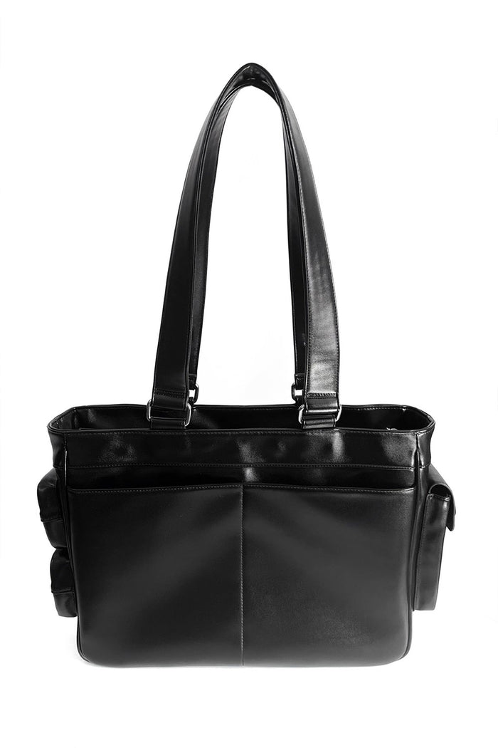 black vegan leather bag with tons of pockets and pouches