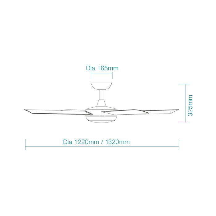 Line drawing Martec Quantum 1320mm DC Ceiling Fan With 24W Tricolour LED Light Matte White MQDC1343WR - The Blue Space