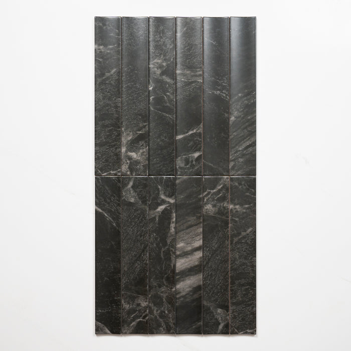Faces Matrix Black Marble Look Satin Porcelain Concave Subway Tile 50mm x 300mm AMIBKS13 - The Blue Space