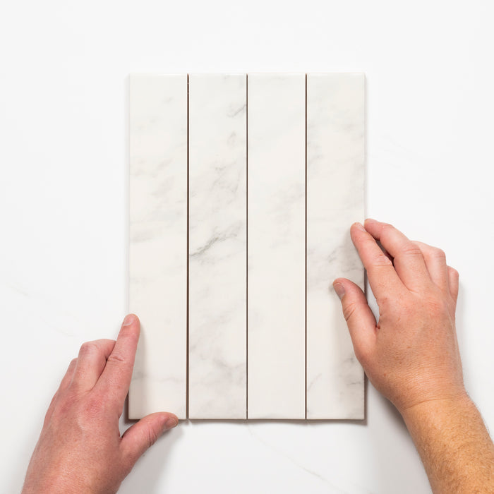 Pattern with Hand Matrix White Marble Look Satin Porcelain Concave Subway Tile 50mm x 300mm AMIWHS13 - The Blue Space