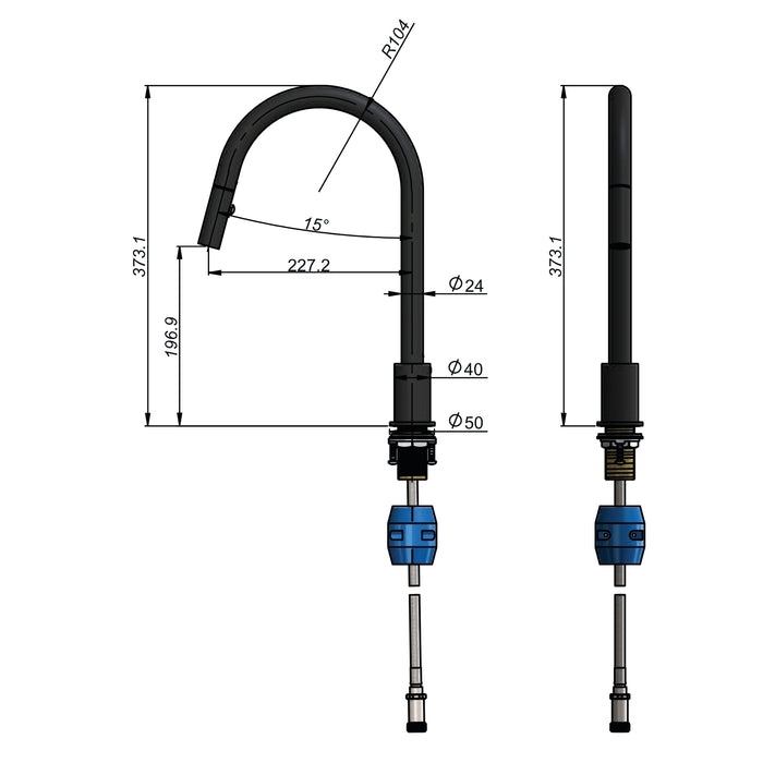 Technical Drawing Meir Kitchen Hob Spout with Pull Out Nozzle - Brushed Nickel MS18-PVDBN - The Blue Space