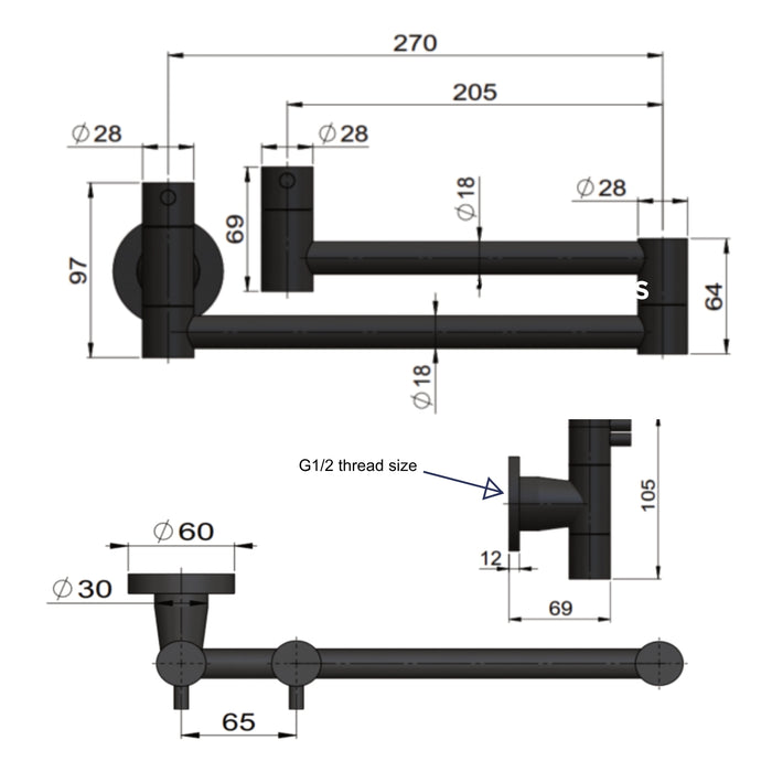 Technical Drawing Meir Kitchen Pot Filler - Polished Chrome MK21-C - The Blue Space