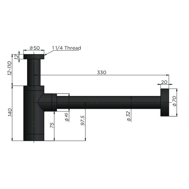 Technical Drawing Meir Round Bottle Trap for 32mm Basin Waste Shadow MP05F-R32-PVDGM - The Blue Space