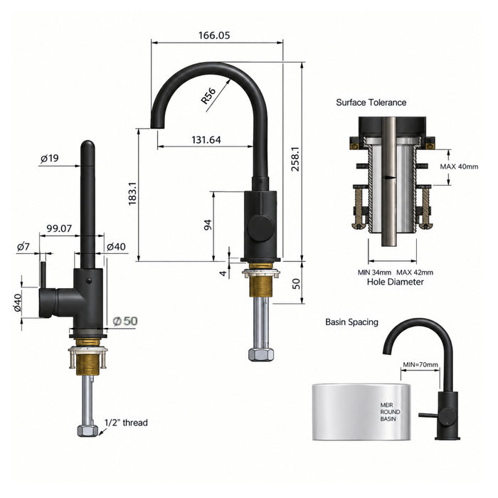 Line Drawing Meir Round Gooseneck Basin Mixer with Cold Start Champagne MB17-CH - The Blue Space