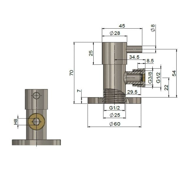 Technical Drawing Meir Round Mini Stop Cistern Tap Polished Chrome MP11PN-C - The Blue Space