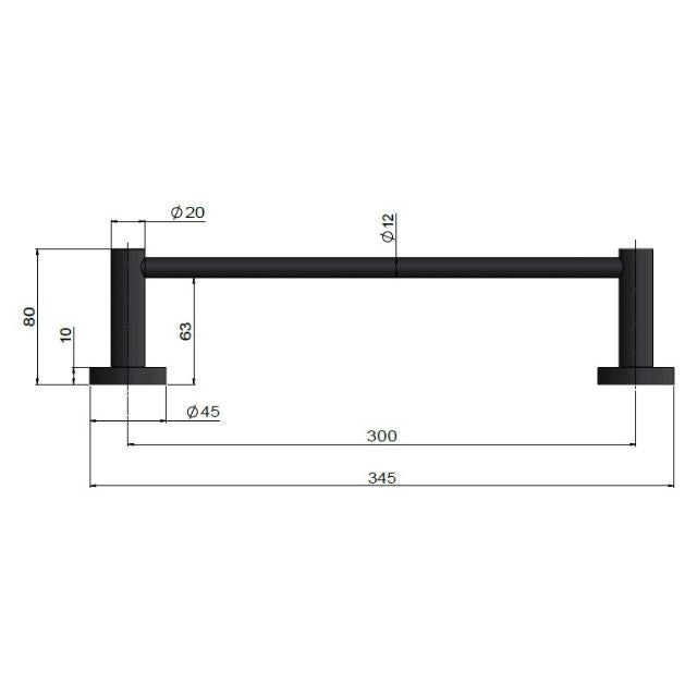 Technical Drawing Meir Round Single Towel Rail 300mm Polished Chrome MR01-SR30-C - The Blue Space