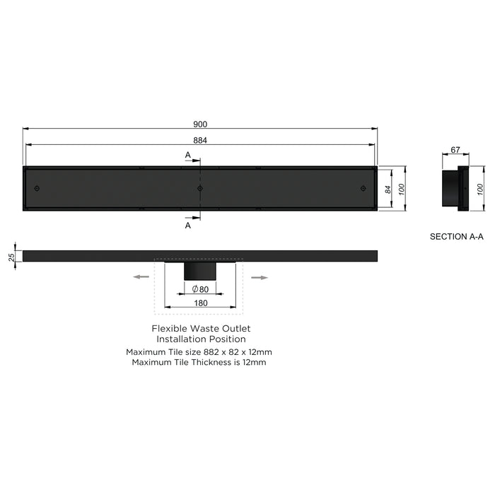 Technical Drawing Meir Shower Channel Waste 900mm with Tile Insert - Lustre Bronze MP06F-T900-PVDBZ - The Blue Space