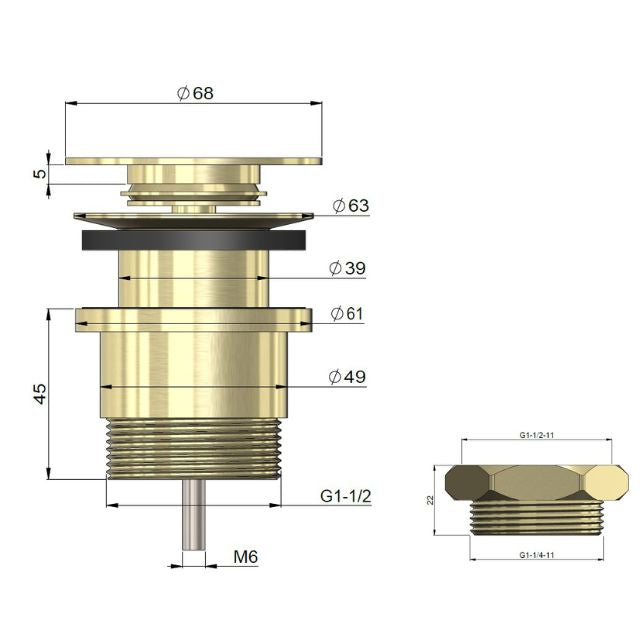 Technical Drawing Meir Universal All-In-One Pop Up Waste - Basin &amp; Bath Tiger Bronze MP04F-UNI-PVDBB - The Blue Space