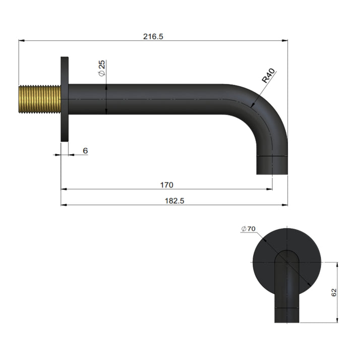 Technical Drawing Meir Universal Round Curved Spout 170mm - Matte Black MS05-170 - The Blue Space