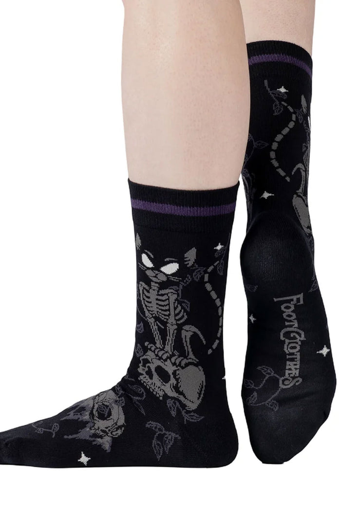 skeleton cat sitting on skull graphic crew socks