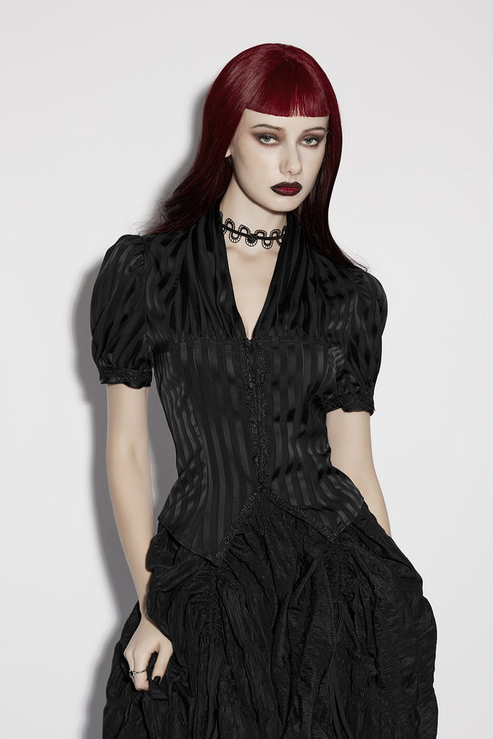 embroidered striped satin puff sleeve blouse