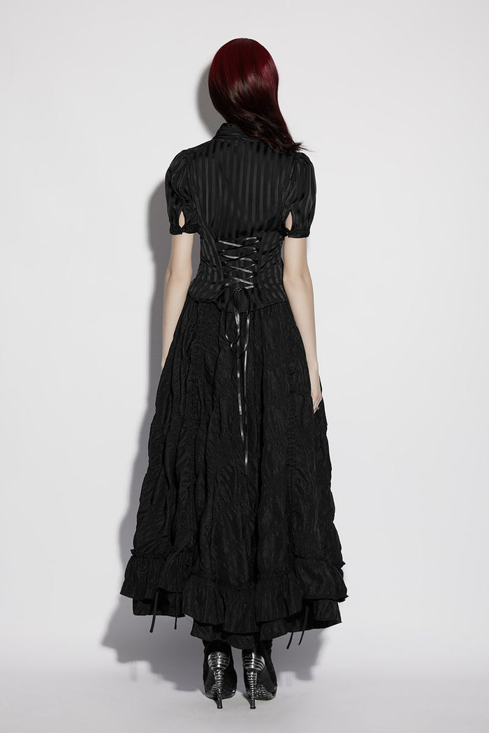 striped satin puff sleeve blouse with back lacing