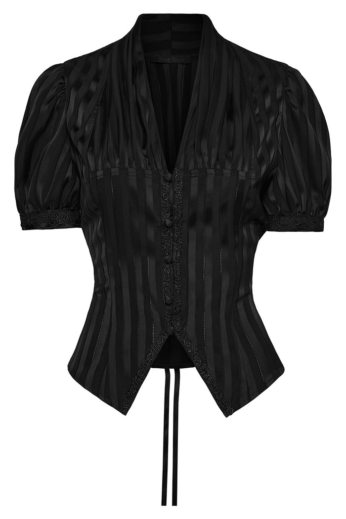 deep v-neck striped satin puff sleeve blouse