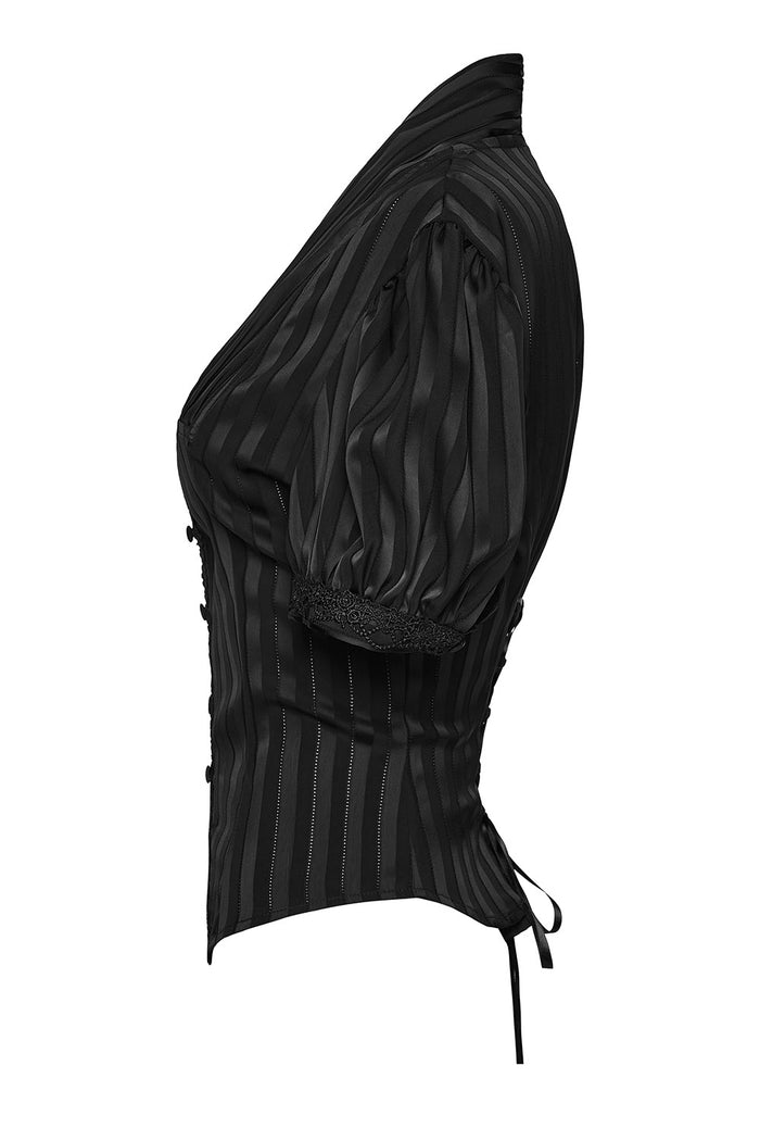 button-up striped satin puff sleeve blouse