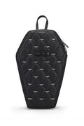 Black quilted coffin backpack with brand logo on a white background