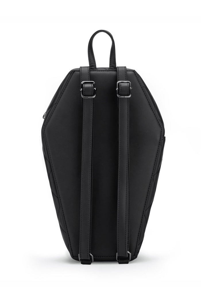 matte black rock rebel's coffin backpack with bat studs